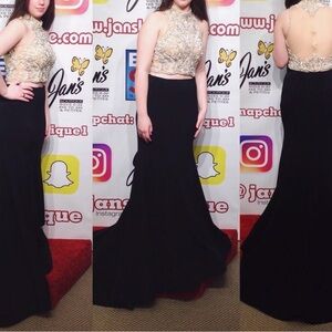 Terani Couture Black and Gold Prom Dress